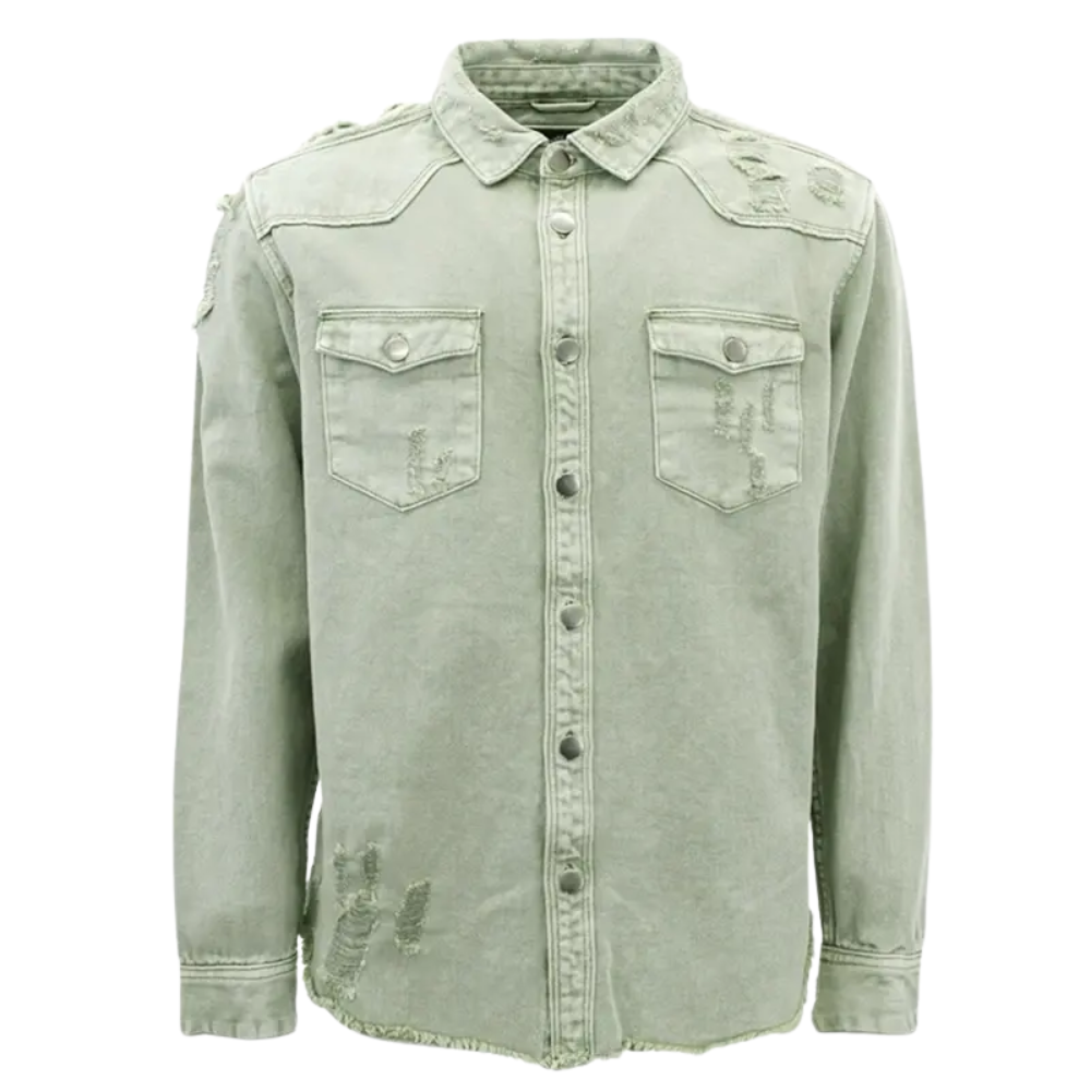 Distressed Denim Shirt – Heavyweight Button-Up with Pockets