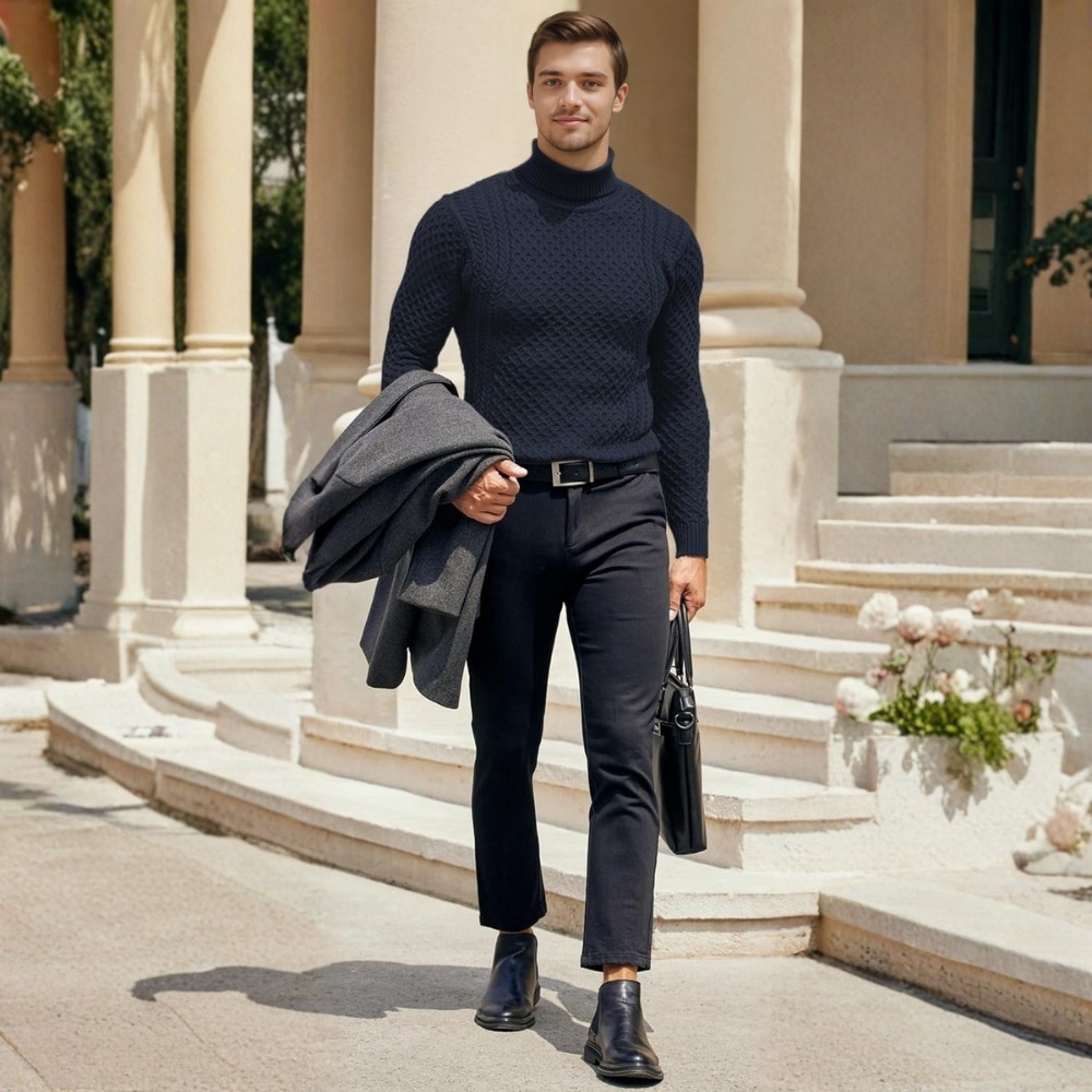 Men's Slim Fit Turtleneck Sweater Casual Knitted Twisted Pullover Solid Sweaters