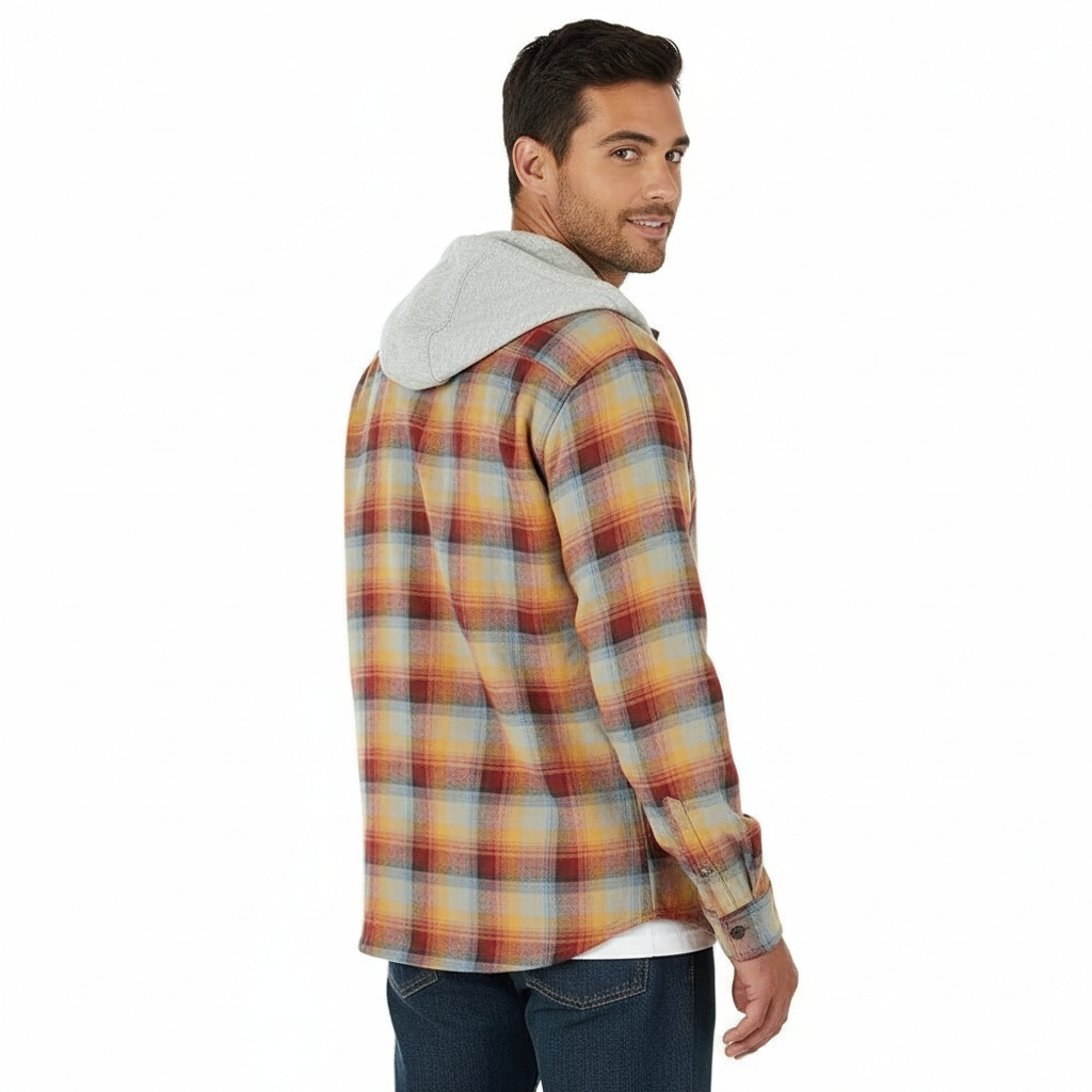 Men's Long Sleeve Quilted Lined Flannel Shirt Jacket with Hood