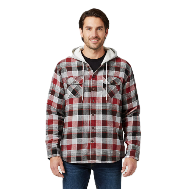 Men's Long Sleeve Quilted Lined Flannel Shirt Jacket with Hood