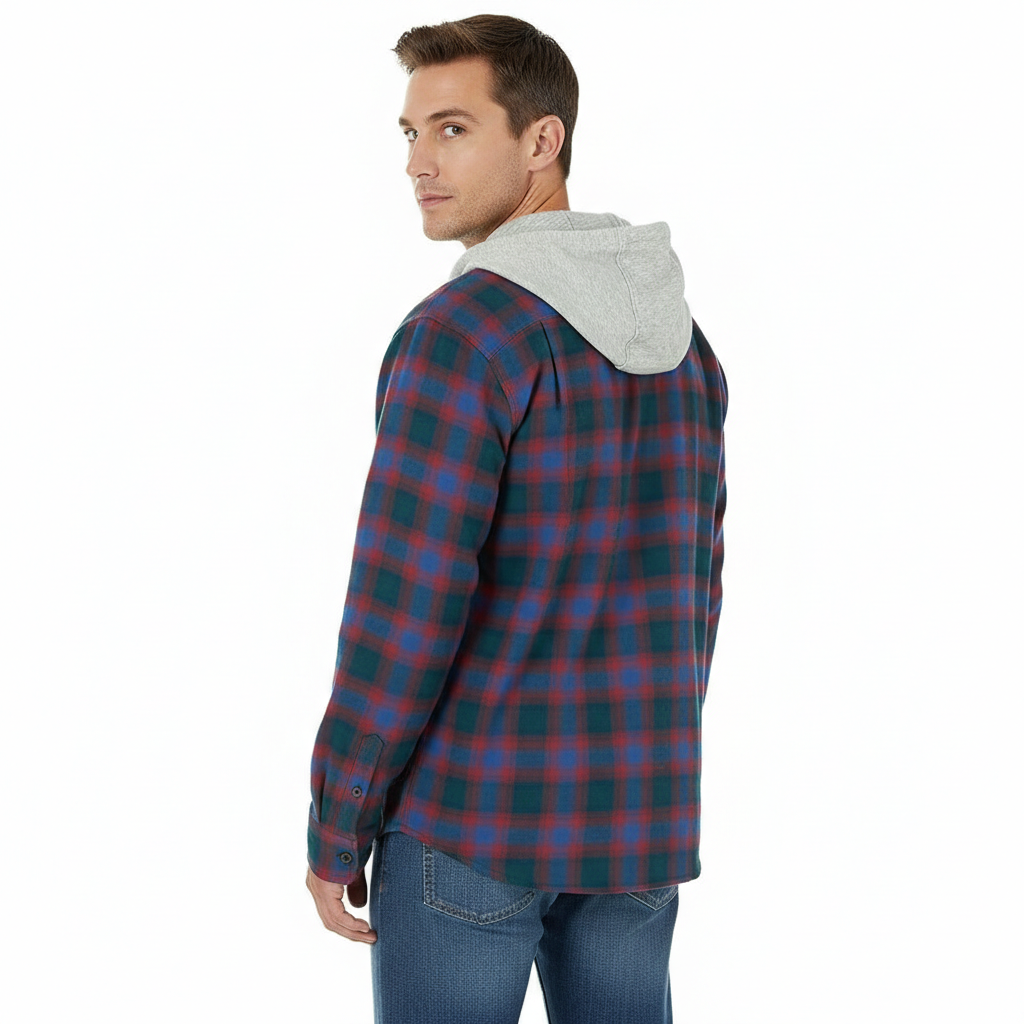 Men's Long Sleeve Quilted Lined Flannel Shirt Jacket with Hood