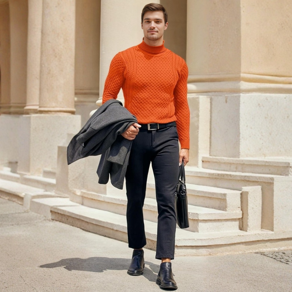 Men's Slim Fit Turtleneck Sweater Casual Knitted Twisted Pullover Solid Sweaters