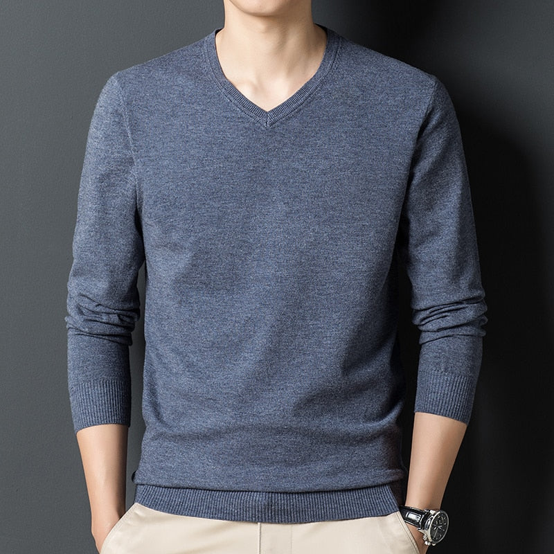 Men's V Neck Solid  Knitted Pullover