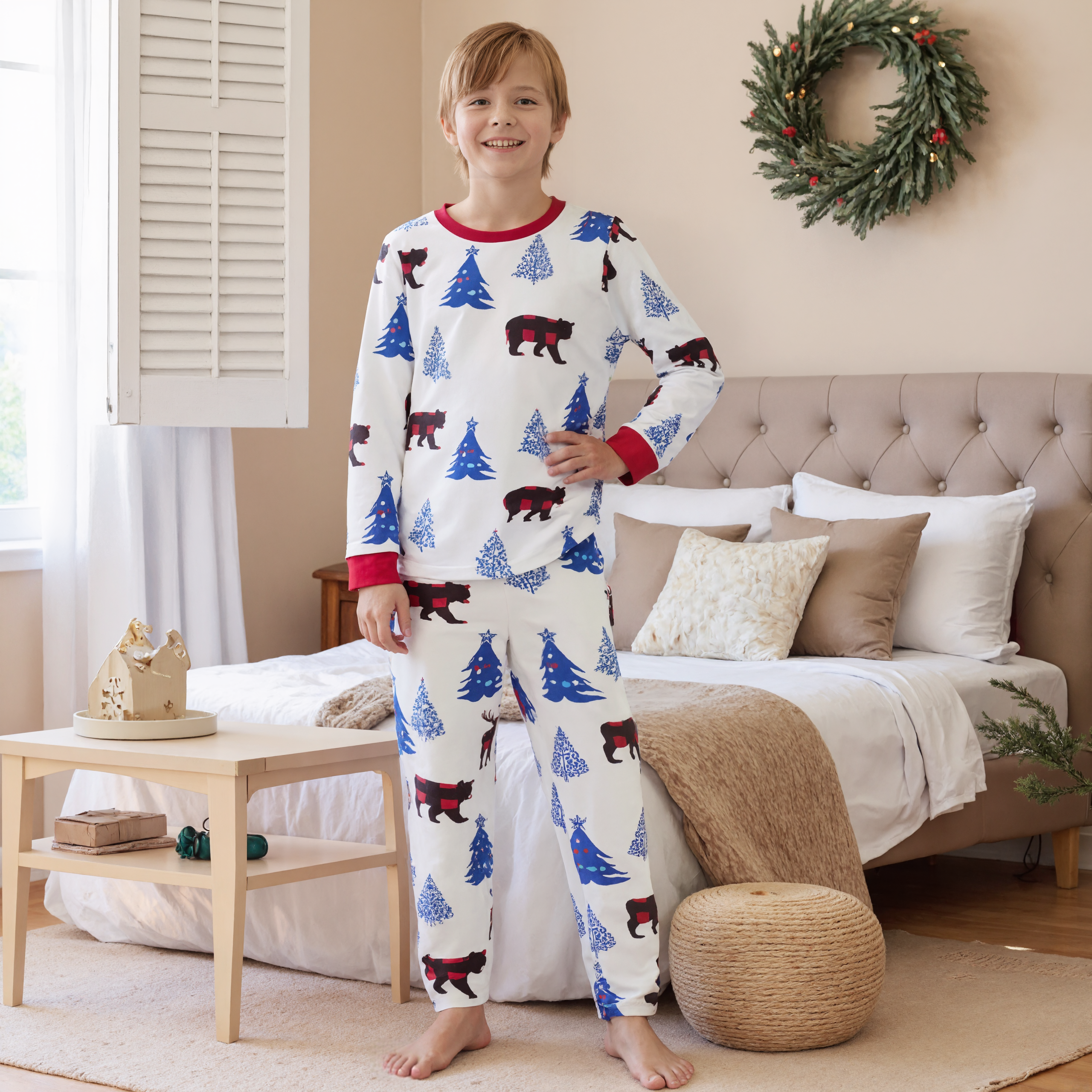 Long Sleeve Bear Print Tops and Plaid Pants Family Matching Pajama Sets