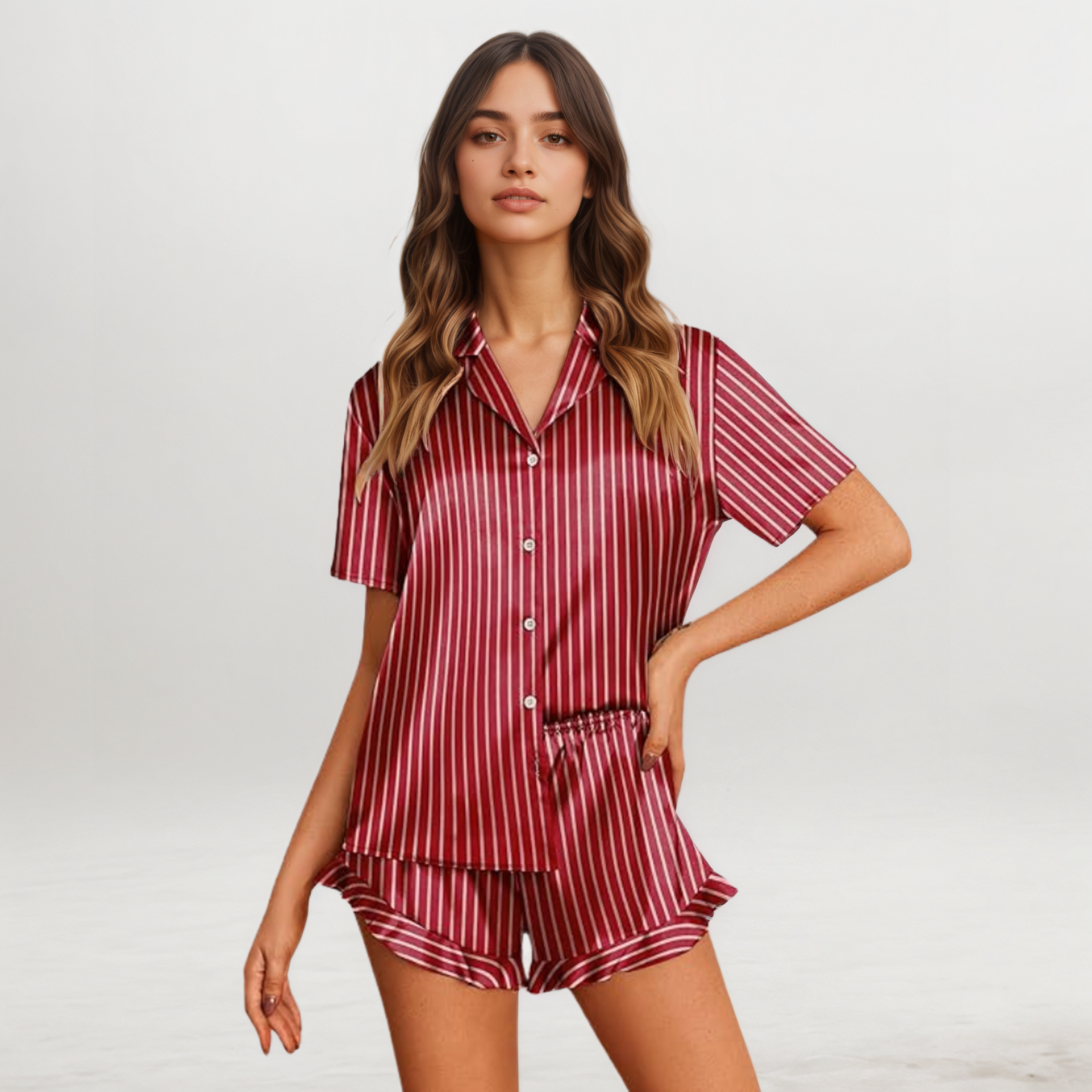 Women Ruffle Lingerie Notch Collar Sleepwear Satin 2 Piece Pajama Set