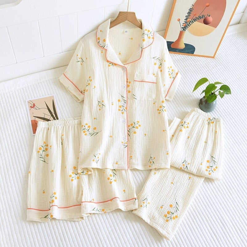 Women's Short Sleeve Cotton Crepe 3 Piece Pajama Set-Original Pajamas