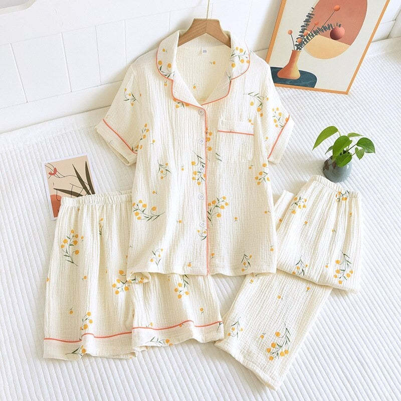 Women's Short Sleeve Cotton Crepe 3 Piece Pajama Set-Original Pajamas