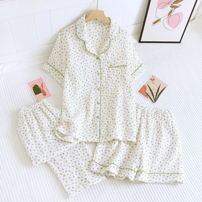 Women's Short Sleeve Cotton Crepe 3 Piece Pajama Set-Original Pajamas