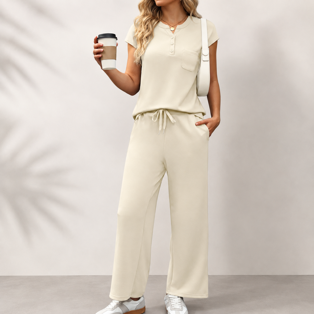 2 Piece Minimalist Loungewear Set With Button And Drawstring For Women