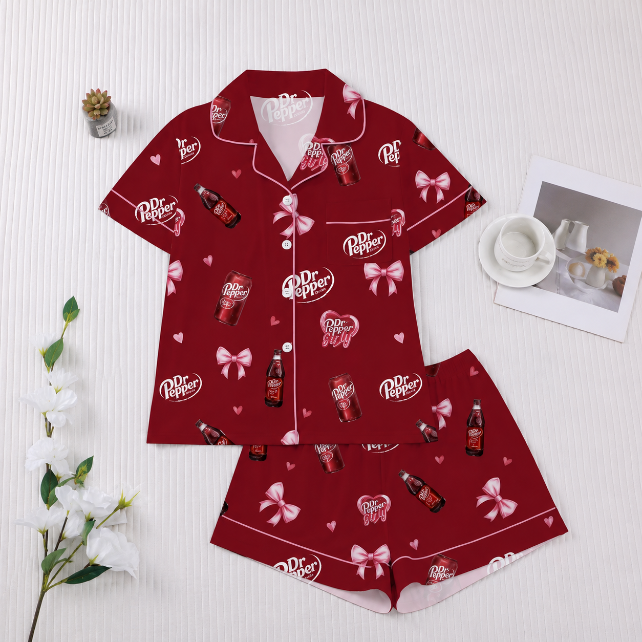 Casual Bow Print Button Up Top And Elastic Shorts Sleepwear Set For Women
