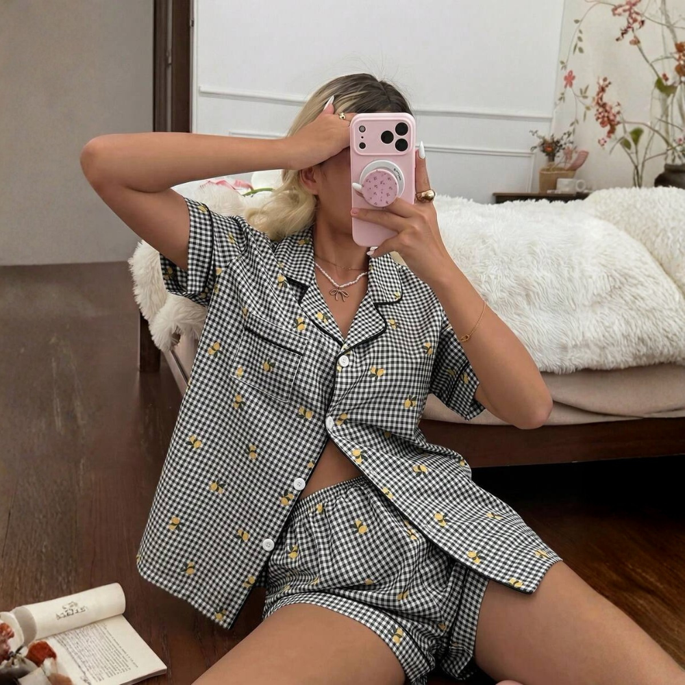 Lemon Plaid Button Up Short Sleeve Pajama Shorts Set For Women