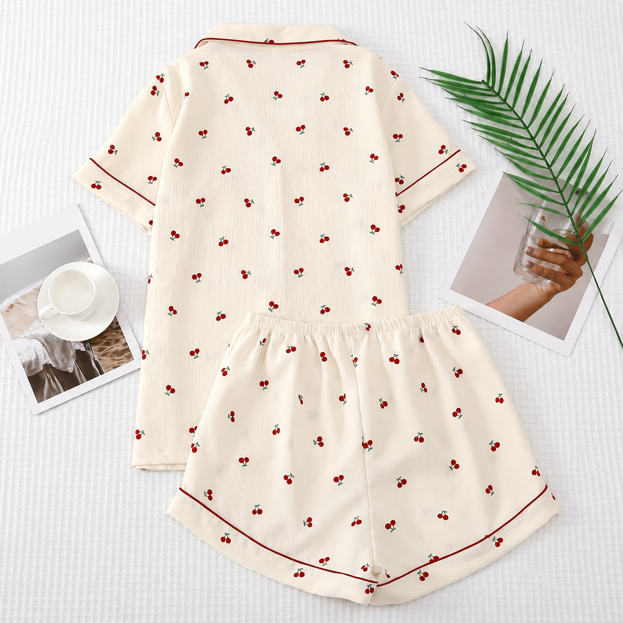 Cherry Print Lapel Top and Bow Shorts Set For Women