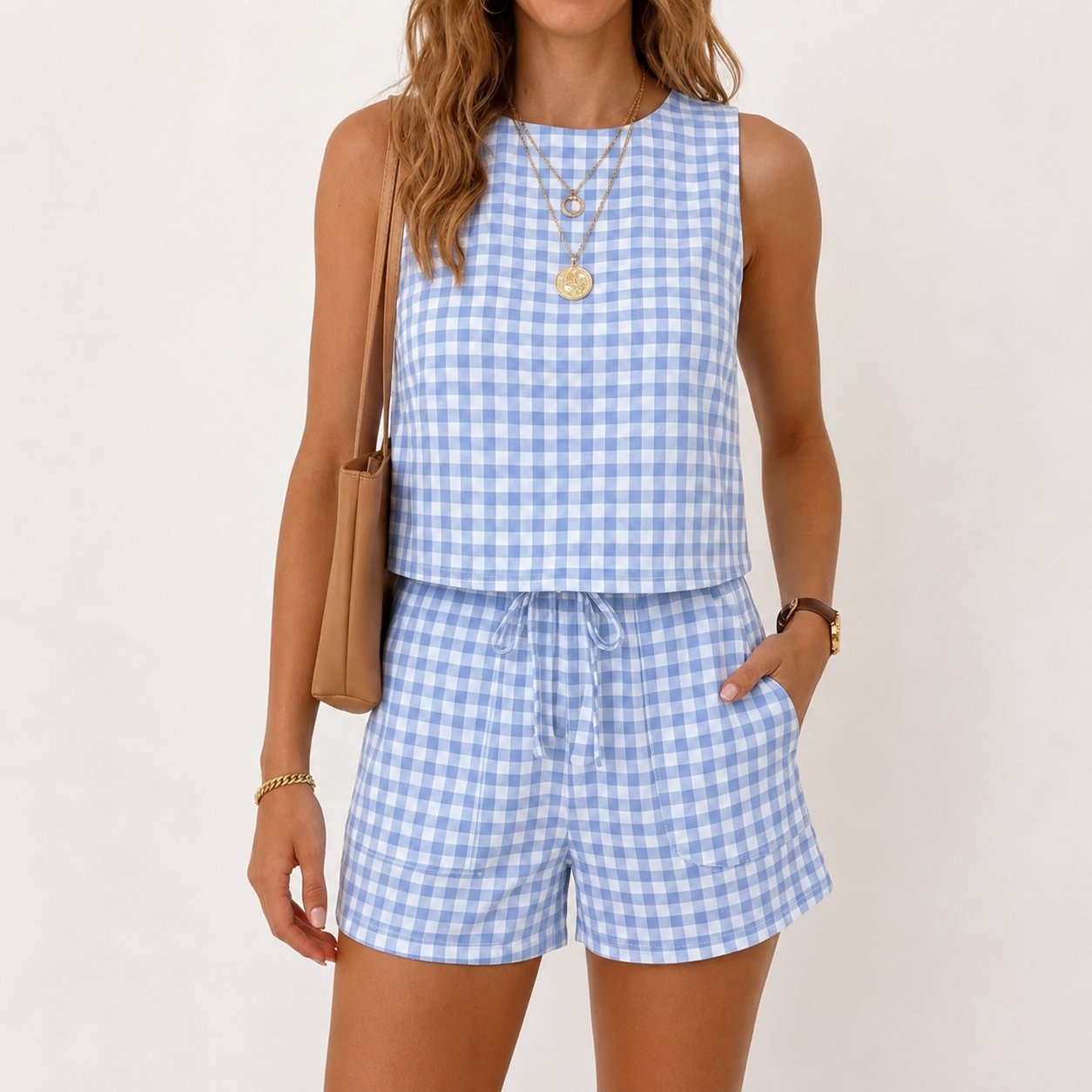 Casual 2 Piece Matching Sleeveless Blouse And Short Sets For Women