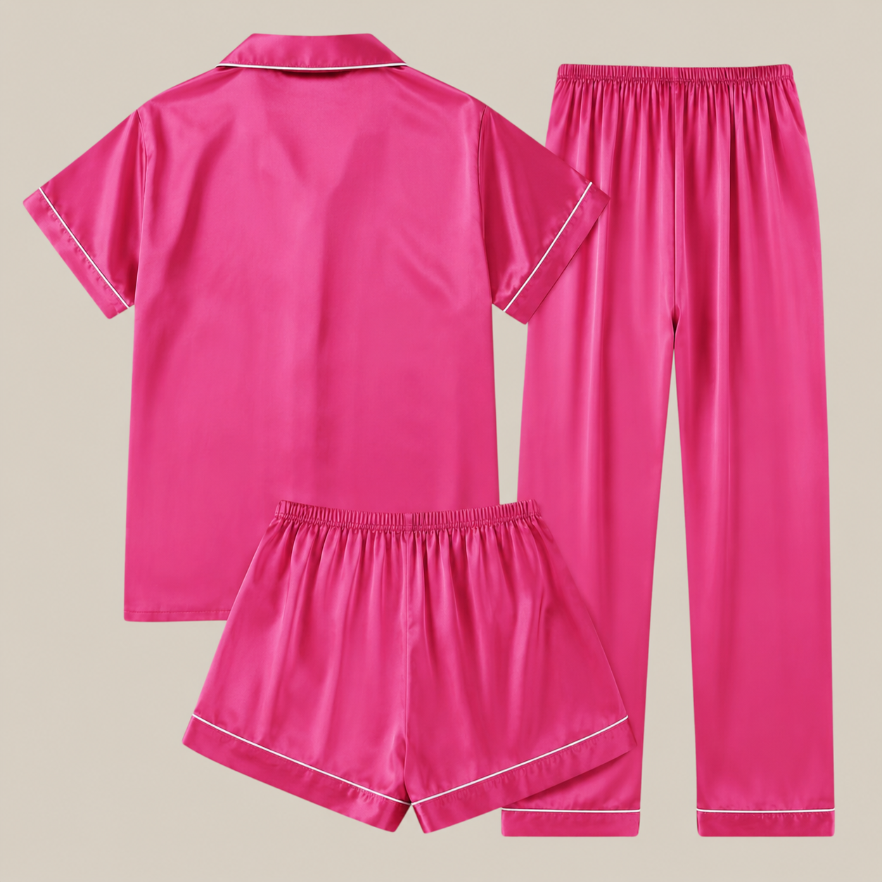 3 Piece Satin Button Top Shorts And Pants Pajama Set For Women