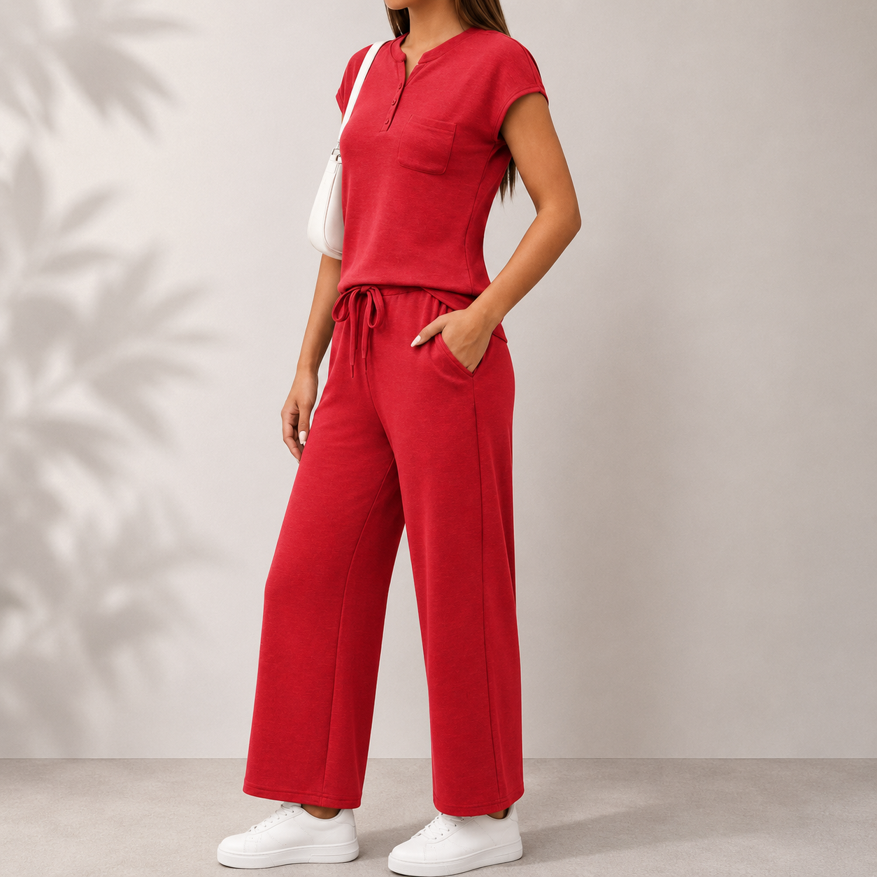 2 Piece Minimalist Loungewear Set With Button And Drawstring For Women