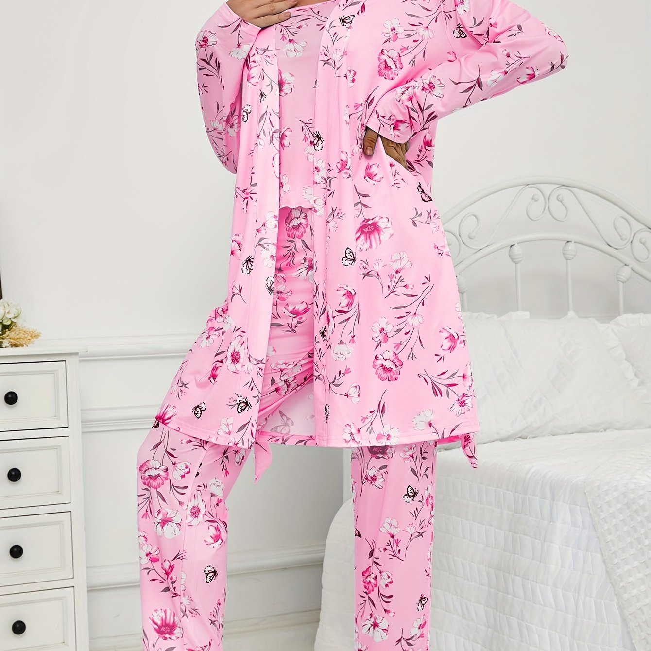 Three Piece Knit Pajama Set With Long Sleeve Belted Robe