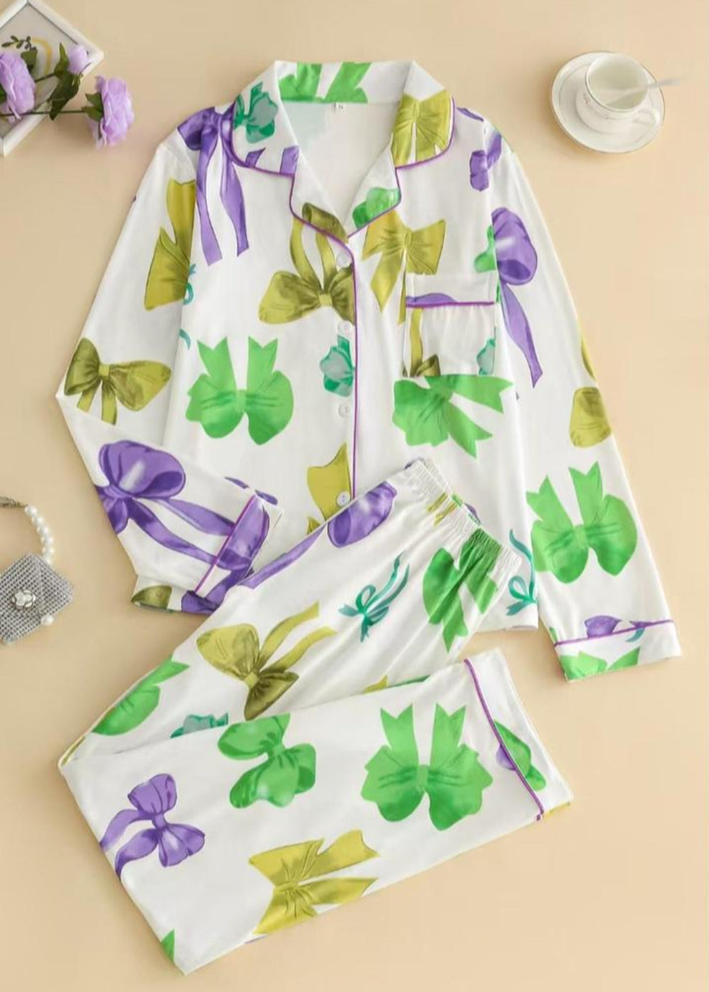 2 Piece Bow Patterned Long Sleeve Pajamas Set-Original Pajamas