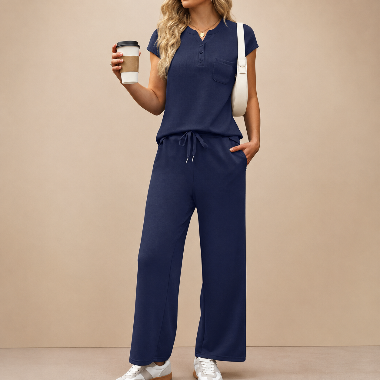 2 Piece Minimalist Loungewear Set With Button And Drawstring For Women