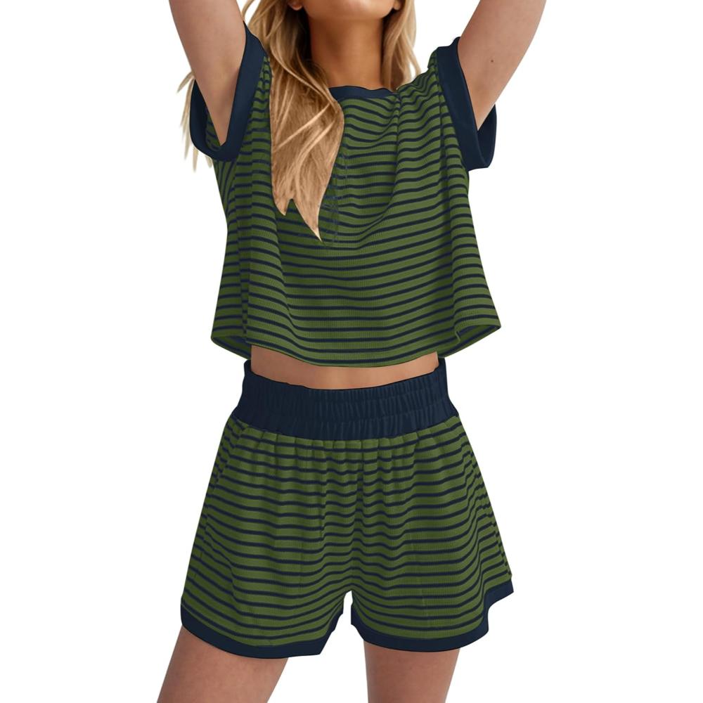 Striped Short Sleeve Lounge Set With Elastic Shorts