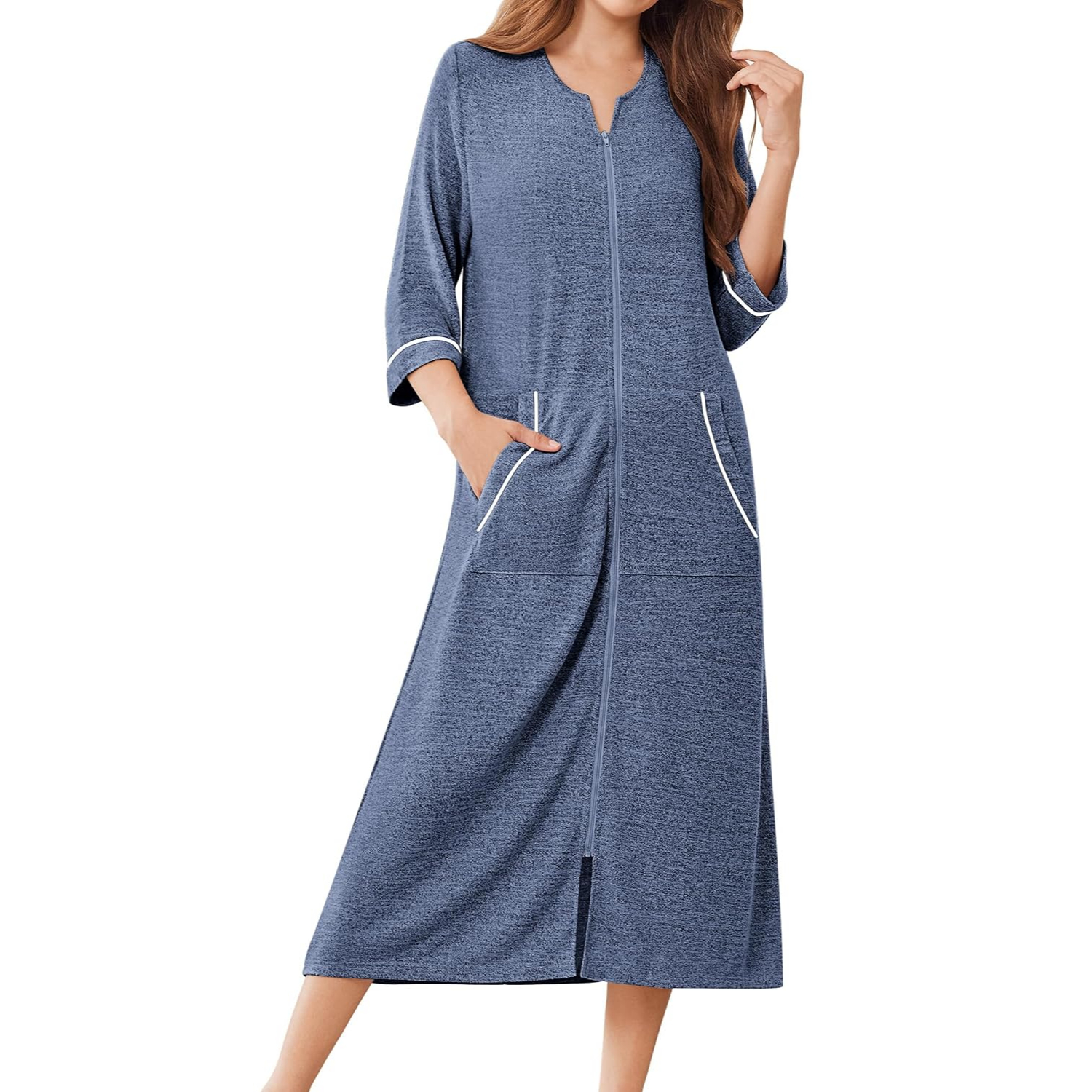 Lightweight Housecoat Robe With Zipper And Pockets For Women