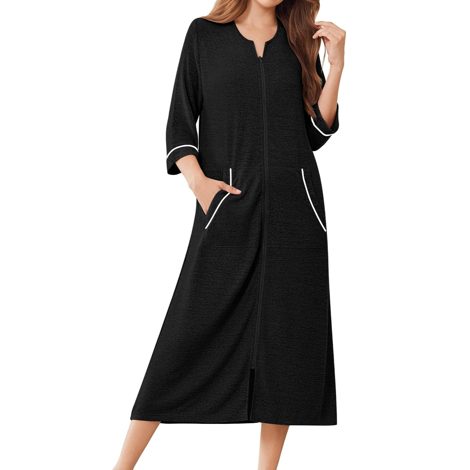 Lightweight Housecoat Robe With Zipper And Pockets For Women