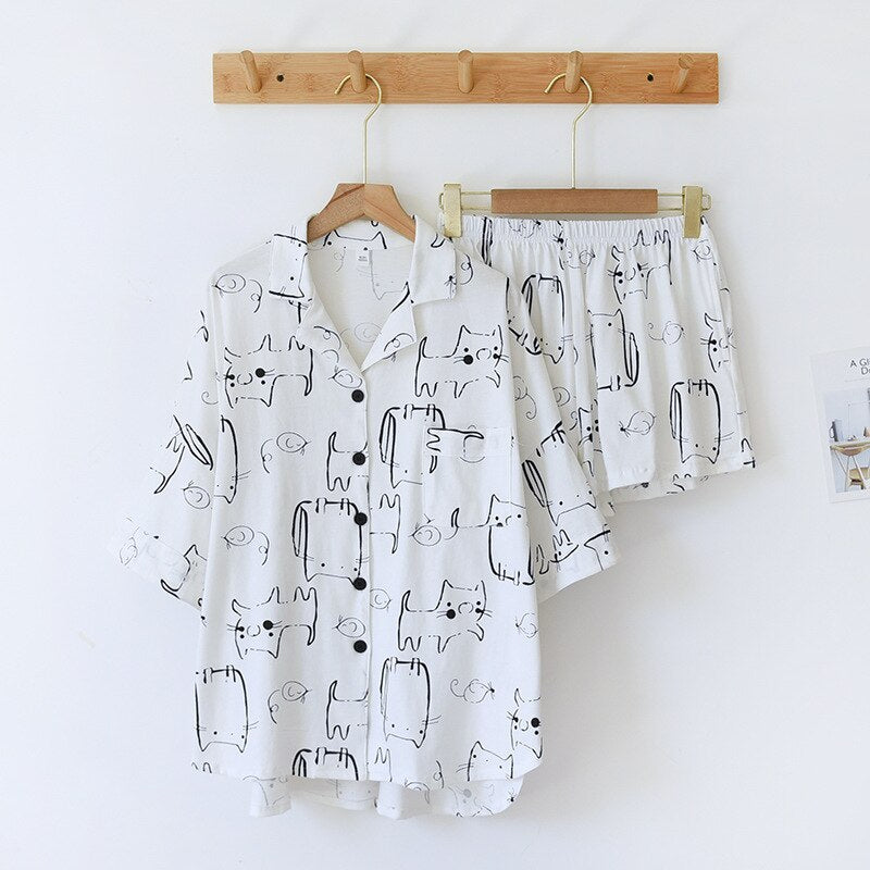 Women's Cat Print 2 Piece Pajama Set-Original Pajamas