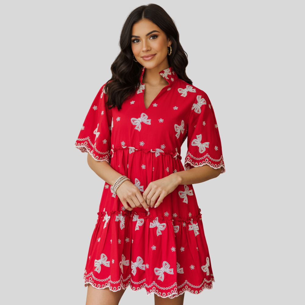 Bow Printed Embroidered Dress For Women