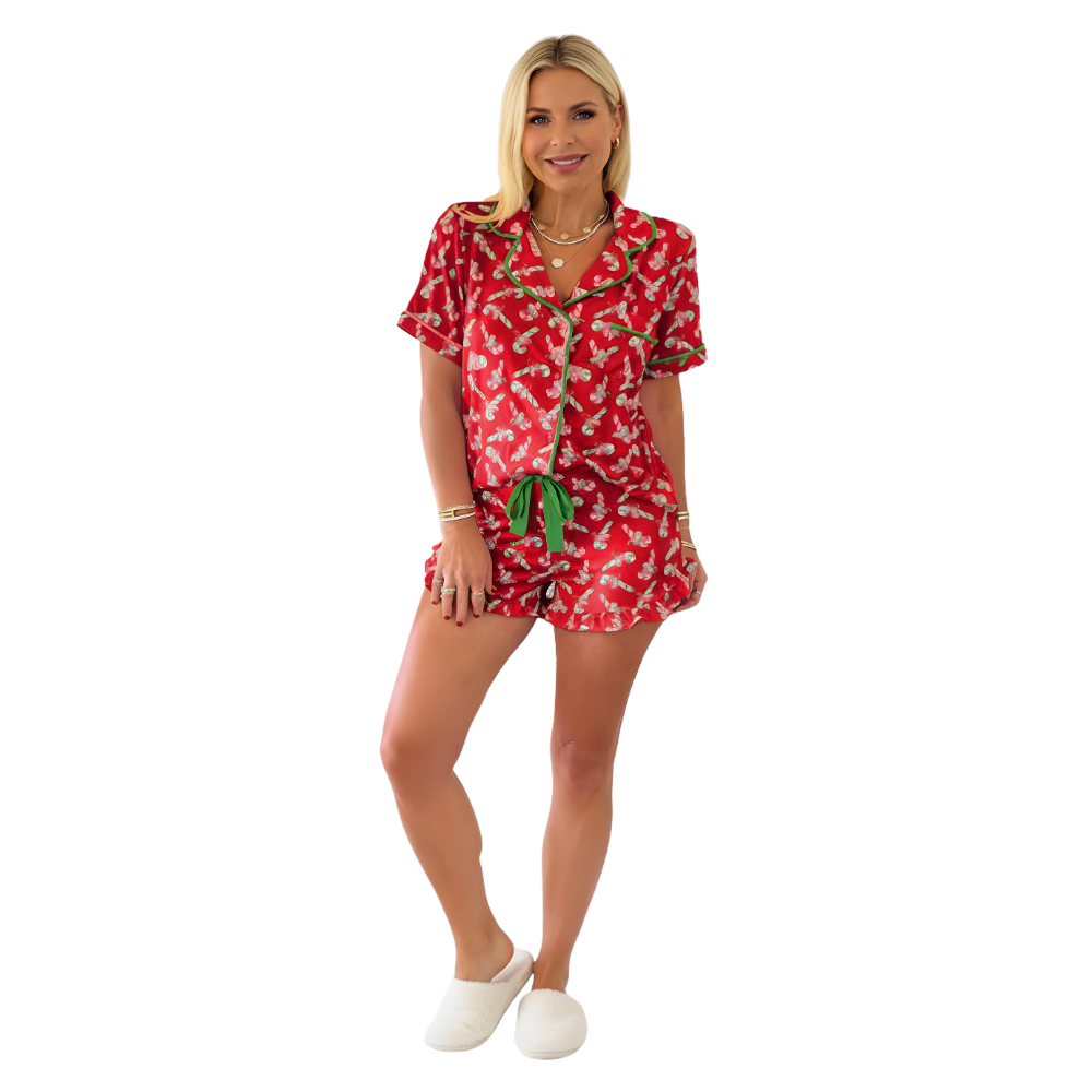 Christmas Candy Cane Print Pajama Short Set For Women