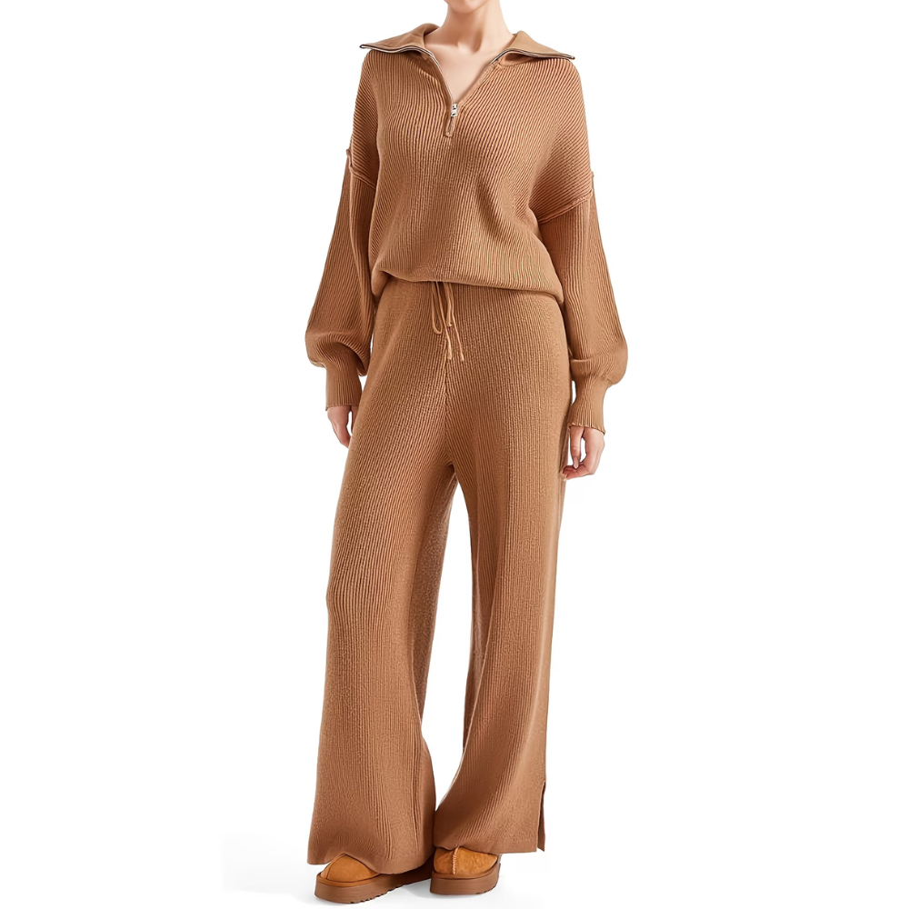 Zip Collar Knit Top Pant Set