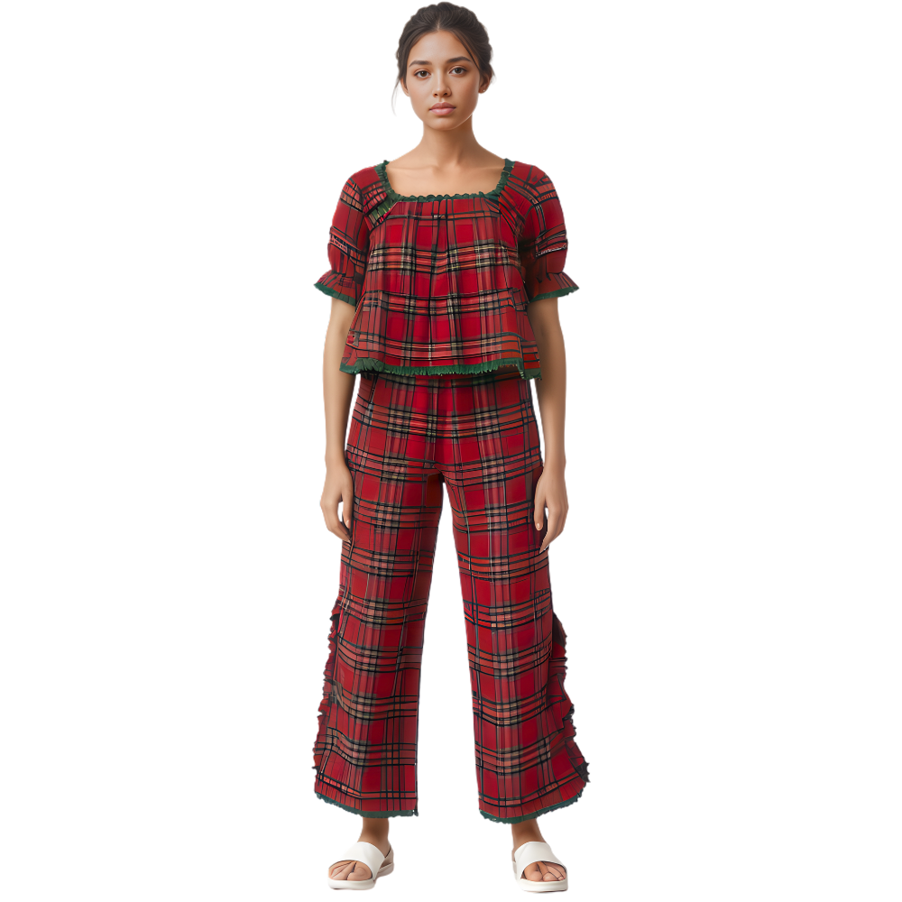 Christmas Charm Plaid Pajama Set For Women