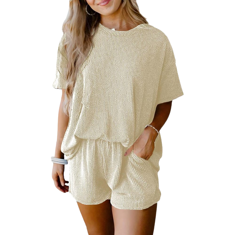 Ribbed Lounge Set Short Sleeve Top And Shorts with Pockets