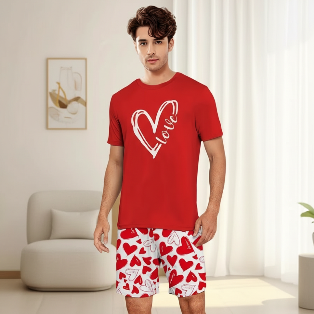 Couple Style Love Letter Print Men's or Women's Short Sleeve Shorts Pajama Set Men'sShort Sleeve Printed Matching Couple Pajama Set - Image 2