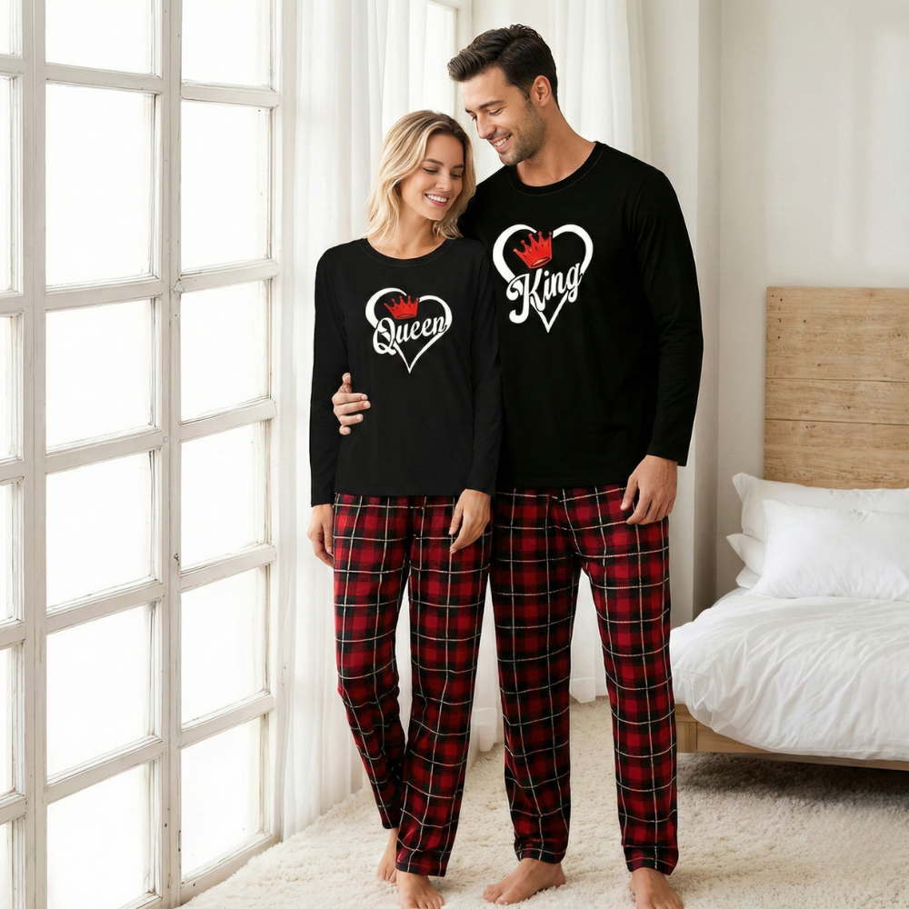 King Queen Printed Long Sleeve Matching Pajama Set For Couple