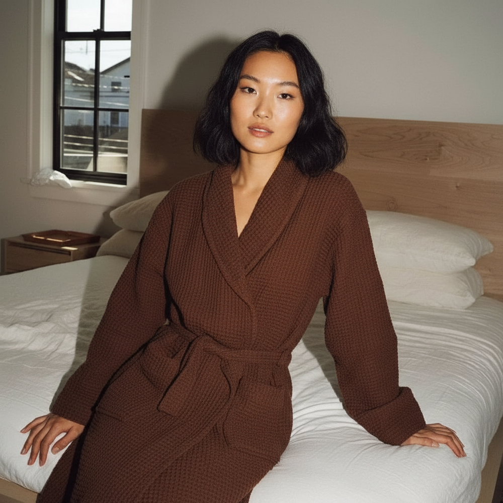 Long Sleeve Waffle Knit Robe For Women