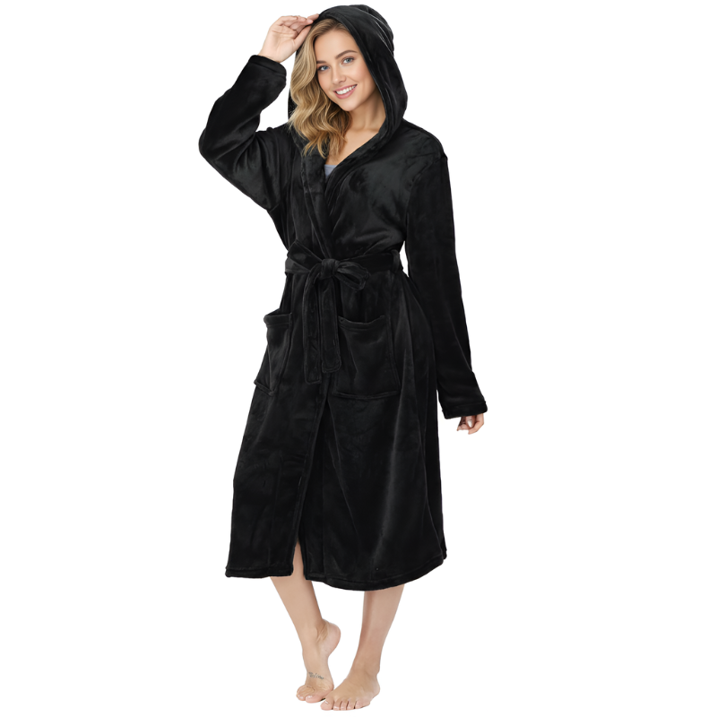 Womens Robes Plush Fleece Hooded Bathrobe Thick Nightgown With Pockets Fluffy Sleepwear