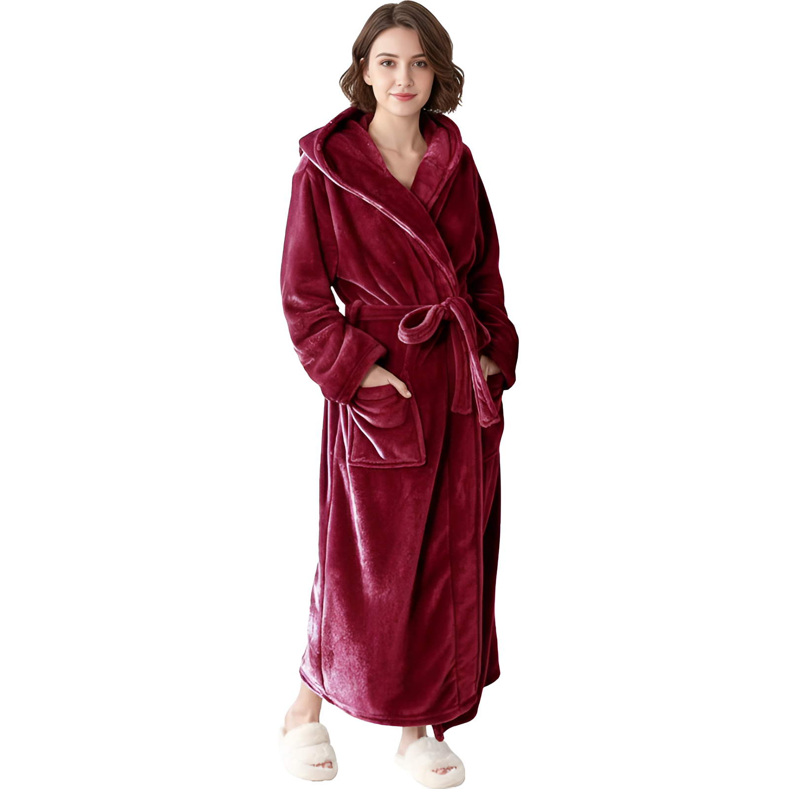 Full Length Hooded Plush Fleece Bathrobe For Women