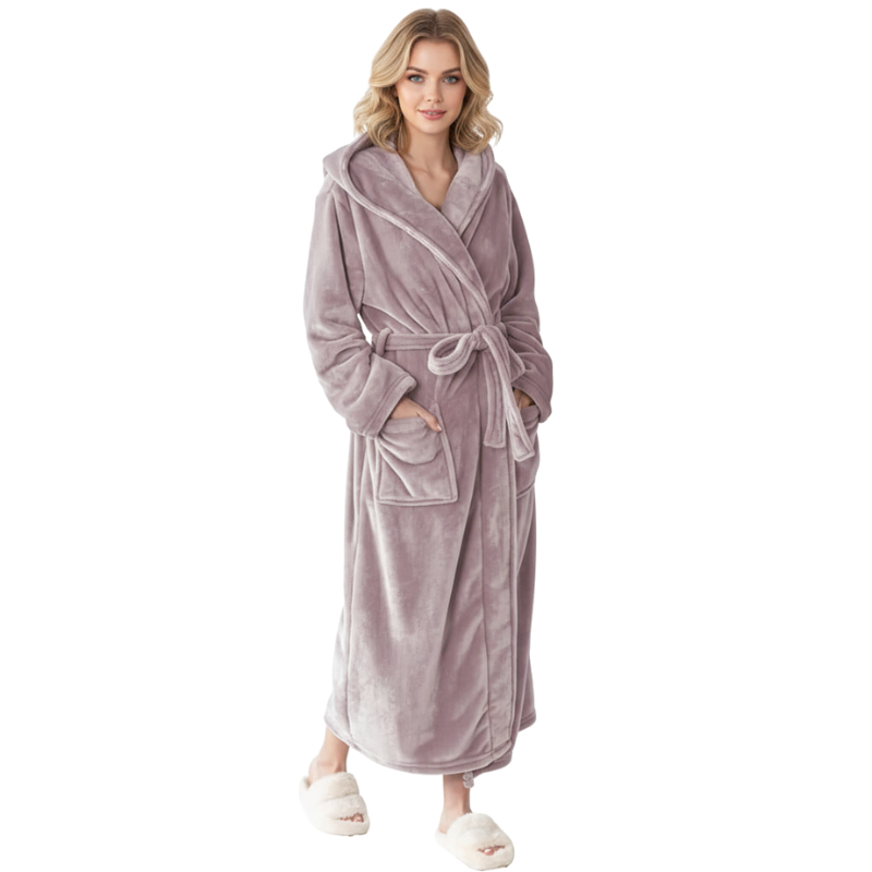 Women Hooded Plush Fleece Bathrobe With Sash And Pockets