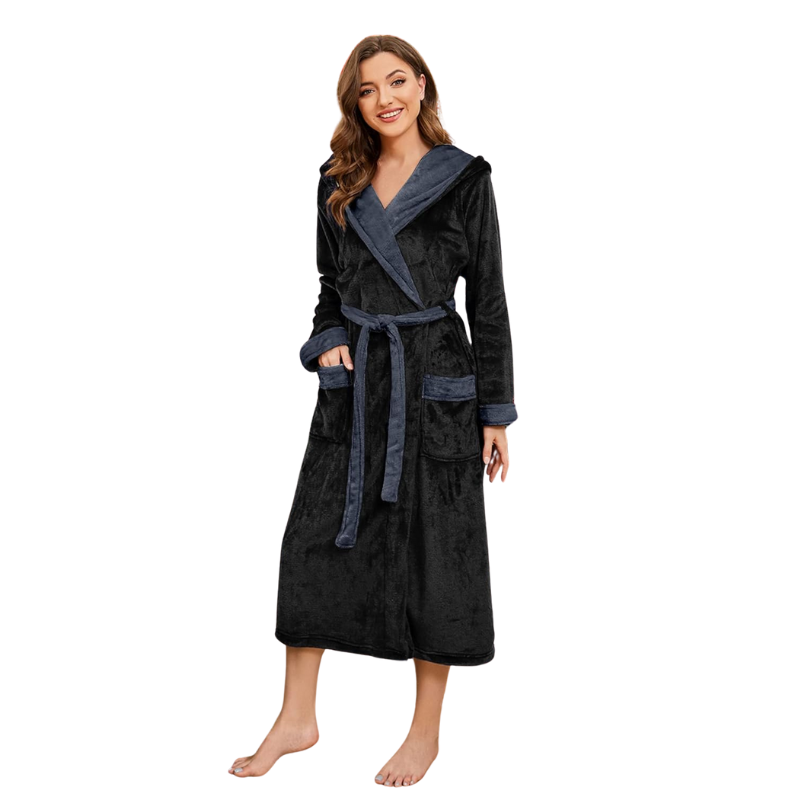 Dual Tone Long Hooded Fleece Bathrobe-Original Pajamas