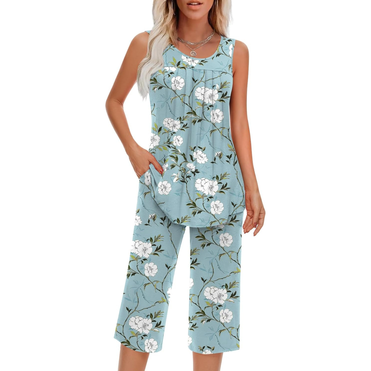 2 Piece Pajama Set Soft Summer Sleeveless Tank Top And Pants With Pockets For Women