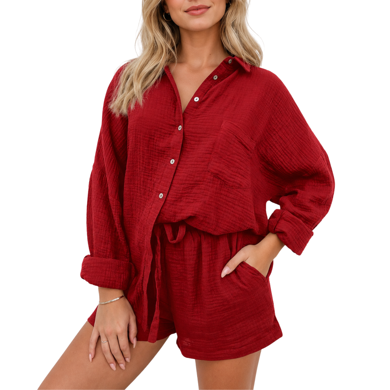 2 Piece Matching Lounge Set With Oversized Shirt And Shorts For Women