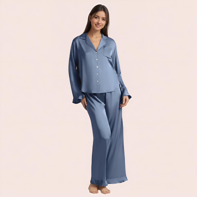 Ruffled Satin Long Sleeve Pajama Set