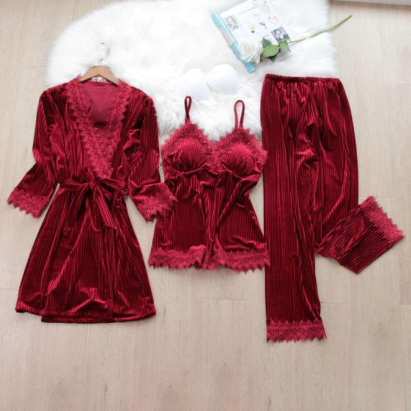 Velvet Sleepwear 3 Piece Pajamas Lace Trim Solid-Original Pajamas