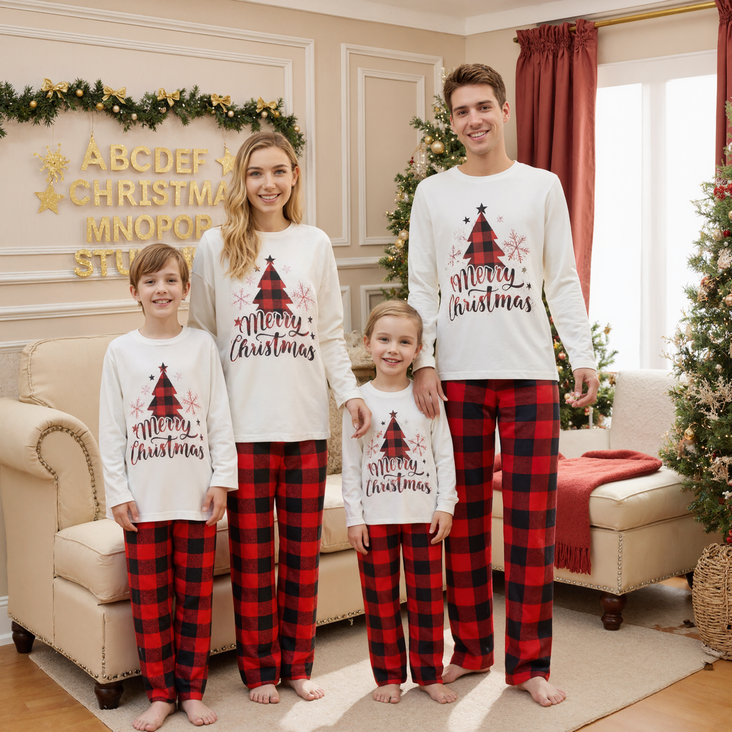 Merry Christmas Tree and Plaid Print Family Matching Pajama Sets