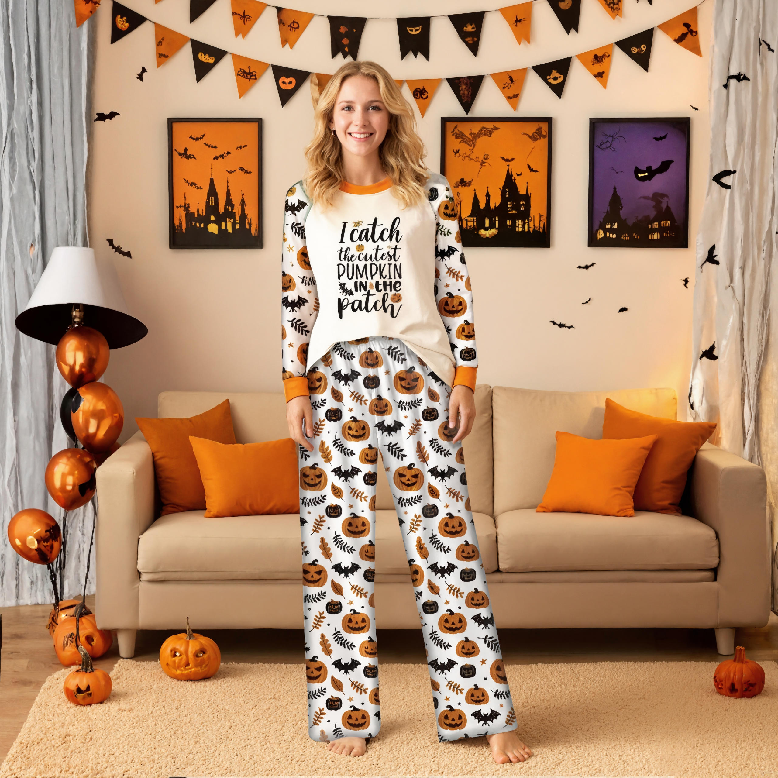 Halloween Letter Print & White pumpkin leaves Graphic Family Matching Pajama Sets