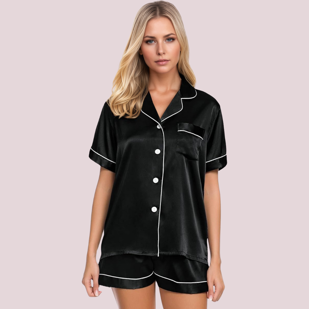 Women Satin Pajama Set Short Sleeve Top and Shorts