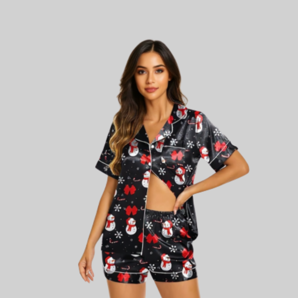 Christmas Silk Pajamas Women Short Sleeve Satin Button Down Set