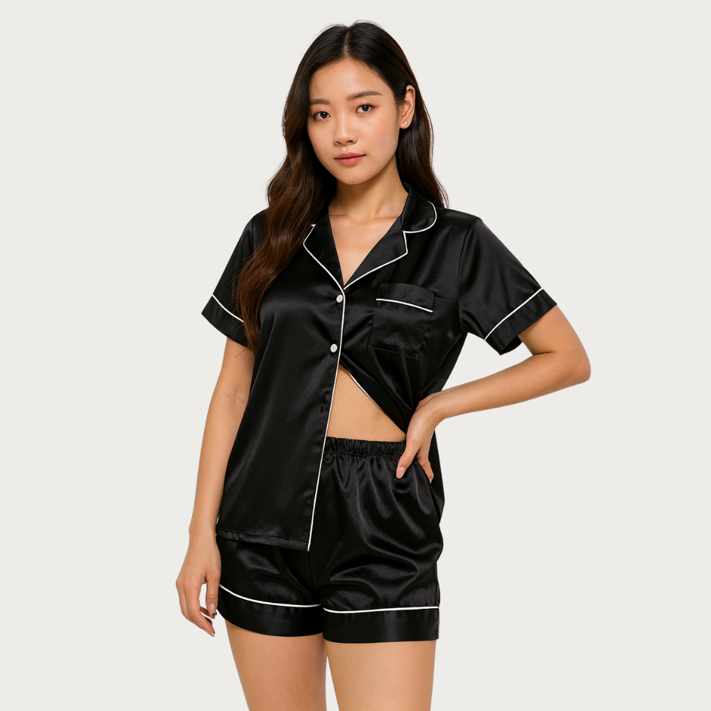 Women Satin Pajama Set 2 Piece Short Sleeve Sleepwear
