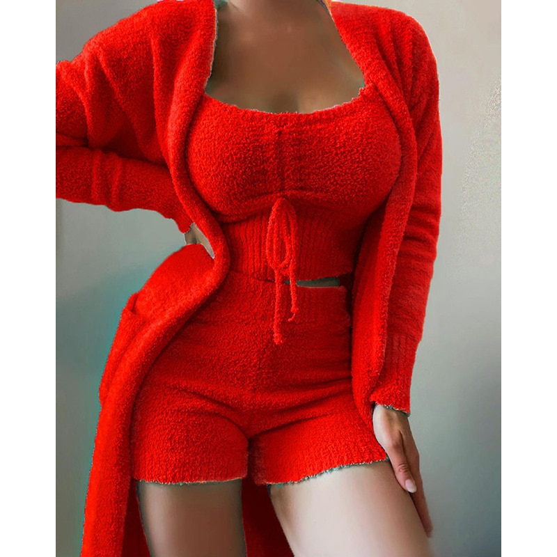 Winter Soft Flannel Shorts 3 Piece Pajama Set Women-Original Pajamas