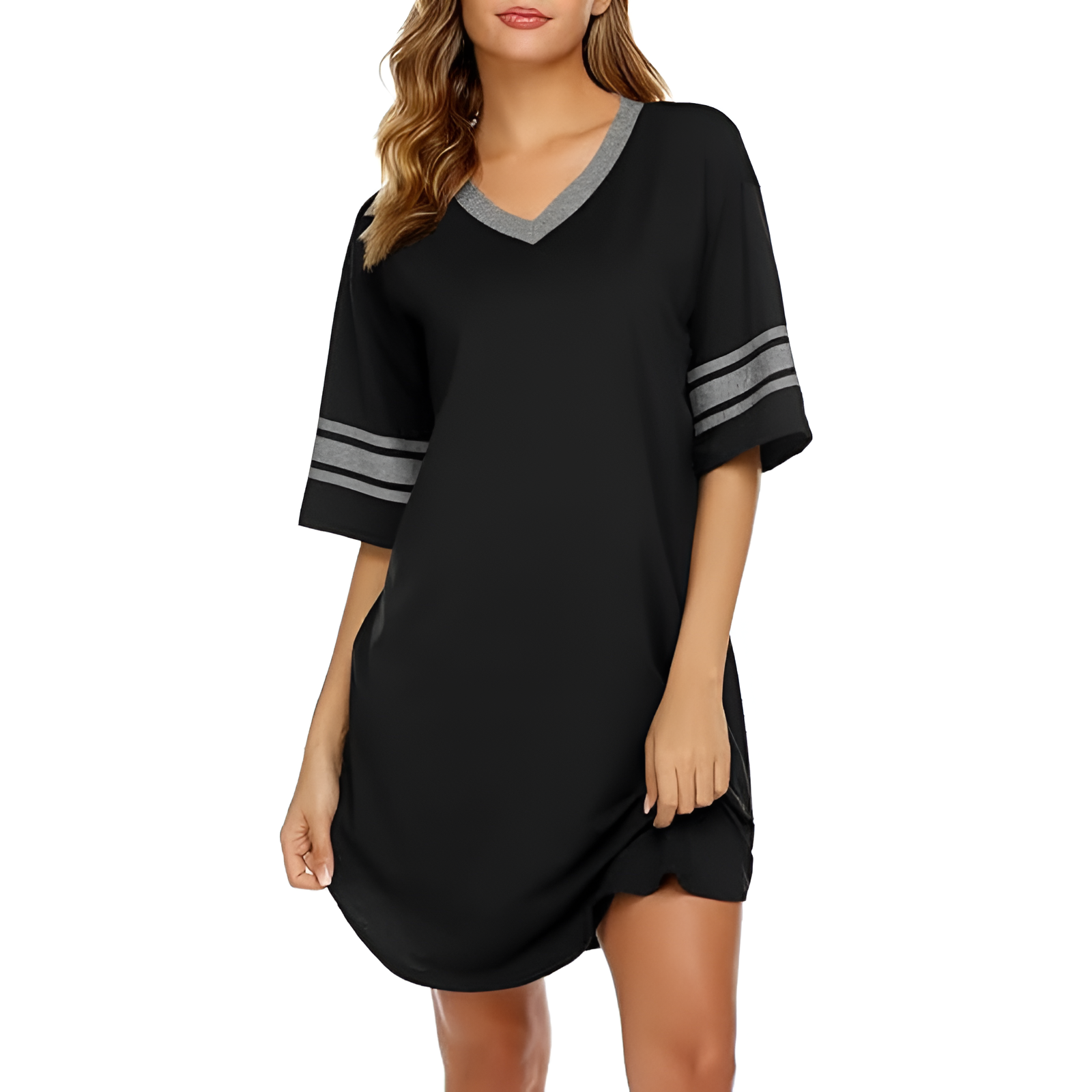 Nightgown Sleepwear With Short Sleeves And Color Block For Women