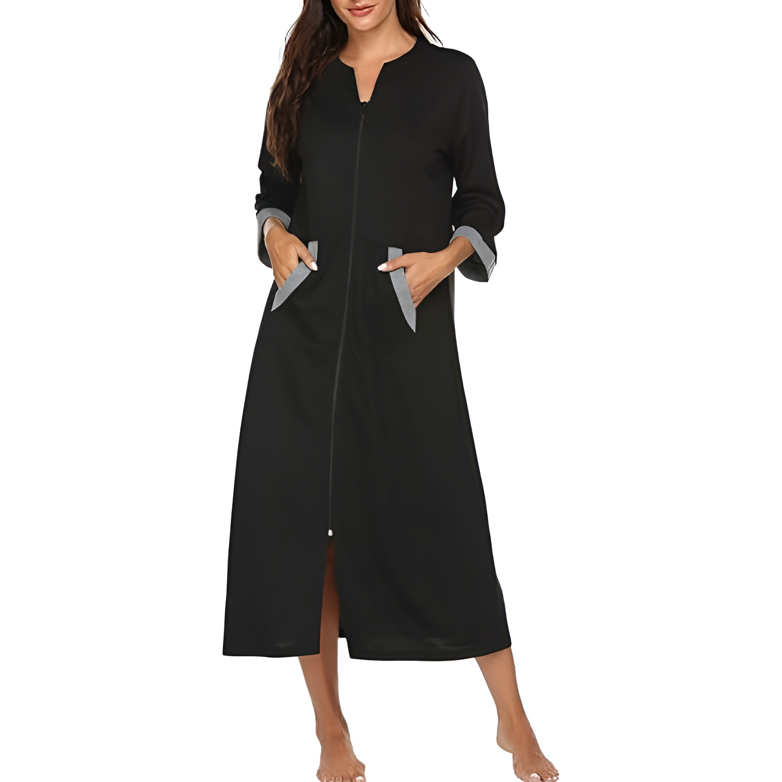 Women Zipper Robe Sleeves Loungewear Dress Full Length Sleepwear Pockets